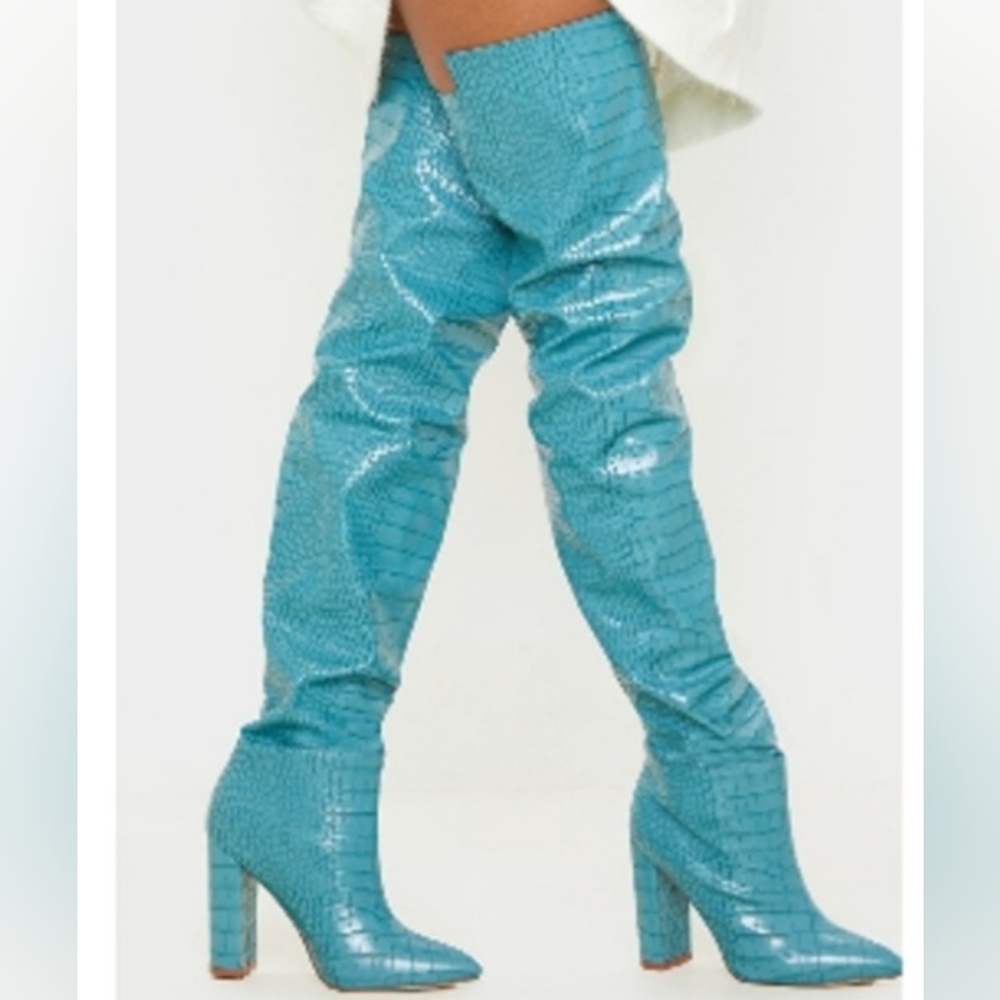 PrettyLittleThing Turquoise Over-the-Knee Boots